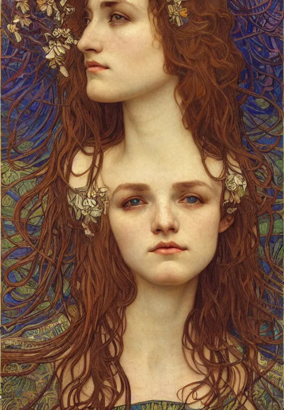 Image similar to detailed realistic beautiful young medieval queen face portrait by jean delville, alphonse mucha, vincent van gogh, and marco mazzoni, art nouveau, symbolist, visionary, gothic, pre - raphaelite