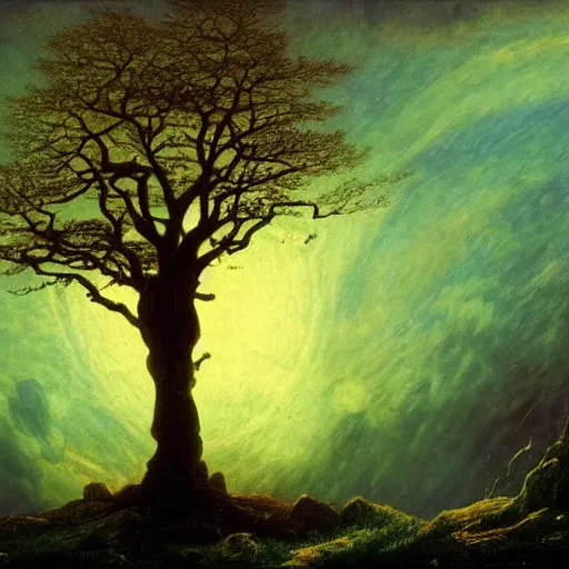 Image similar to a cosmic life tree by caspar david friedrich and albert bierstadt, digital art, artstation, low angle,