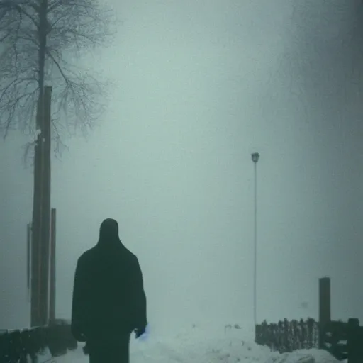 Image similar to eerie photograph of a man sleepwalking during a blizzard, 6 0 mm film