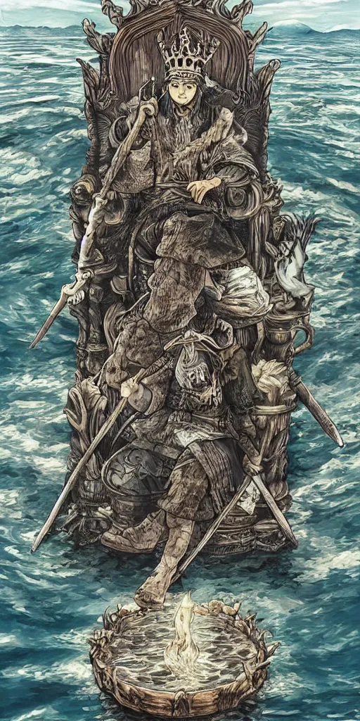 Image similar to a single highly detailed lone king sitting on a throne floating on water in the middle of a lake drawn by Makoto Yukimura in the style of Vinland saga anime, full color, detailed,