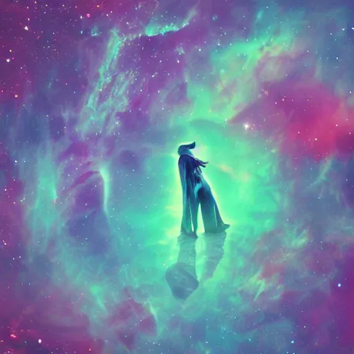 Image similar to Wizard floating through a nebula pondering their orb, highly detailed, featured