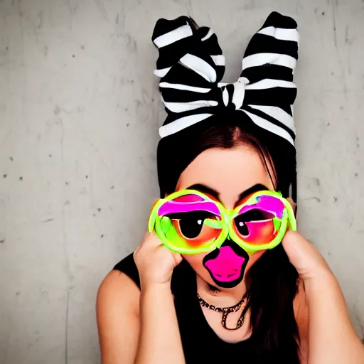 Image similar to beautiful Girl with a bandana, big mouth, big eyes, short black hair, in a neon style, close up