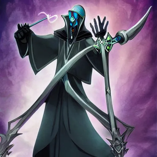 Image similar to Karthus from League of Legends holding a magical staff, laughing, anime art style