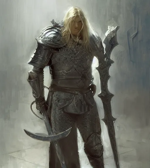 Prompt: long blond hair man in armor, shield and scimitar, by craig mullins, ruan jia, kentaro miura, greg rutkowski, loundraw