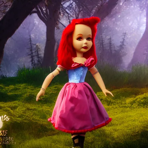 Prompt: doll style red head queen, full body, alice in wonderland theme, disney inspired fantasy background, octane render, cinematic lighting, unreal engine, 8 k, ultra hd, realistic face
