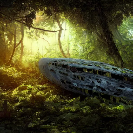 Image similar to a flying vessel wreckage lying down in a thick forest, vines growing on top, 8 k, hyper realism, artstations, concept art, cinematic