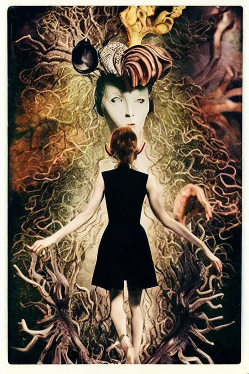 Prompt: instax frame from Pan's Labyrinth (2006) where god creates life by Tetsuya Ishida, from Prometheus by Alicja Kwade, dressed by Salvatore Ferragamo, haute couture painted by Peter Paul Rubens and by John Baeder, editorial asymmetry fashion photography, in lush brain coral femur by Jean-Michel Basquiat