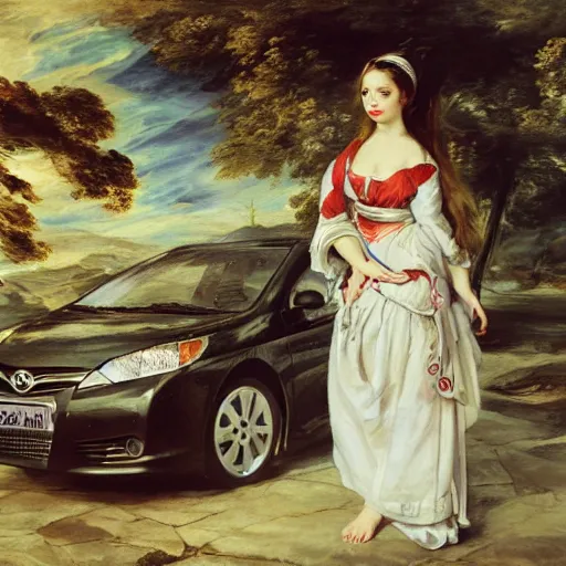 Image similar to heavenly summer sharp land sphere scallop well dressed lady standing next to a toyota corolla, auslese, by peter paul rubens and eugene delacroix and karol bak, hyperrealism, digital illustration, fauvist, standing next to a toyota corolla