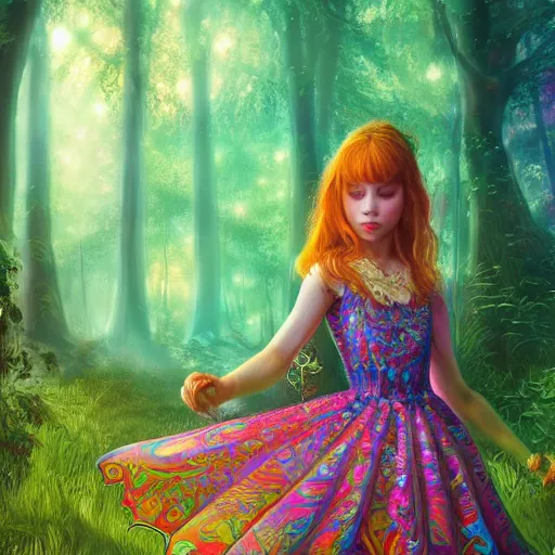 Prompt: a extremely beautiful highly detailed masterpiece of a singular beautiful young girl in a colorful dress in a magical forest, surrounded by psychedelic mushrooms, trending on artstation, highly detailed, volumetric lighting, digital painting, concept art, high resolution, masterpiece, 8 k