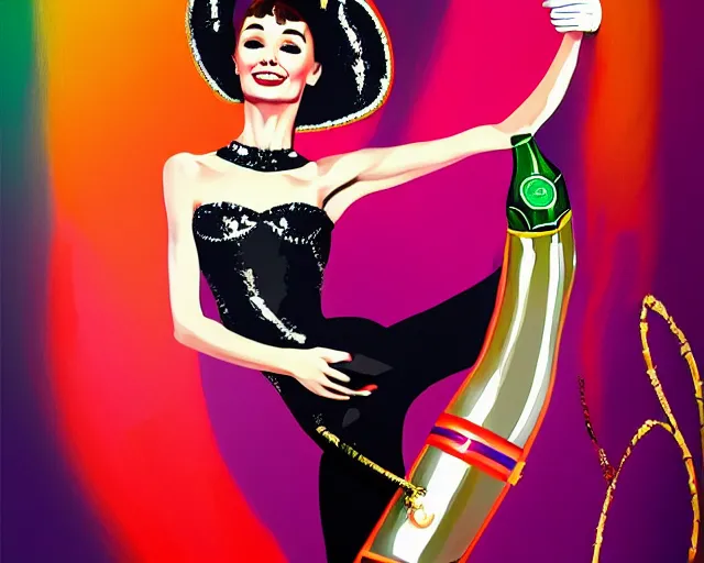 Prompt: audrey hepburn as a cancan dancer besides a big bottle of champagne in art deco style, hyper realistic, artstation, illustration, digital paint, matte paint, vivid colors, bright, cheerful, detailed and intricate environment