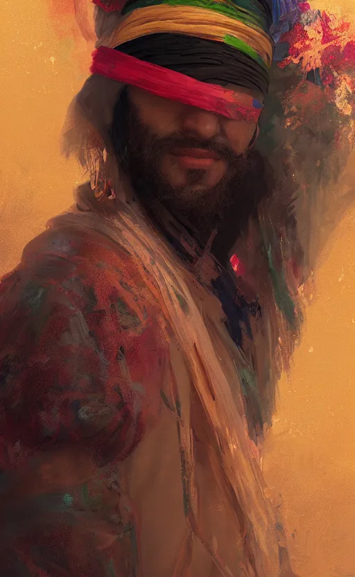 Image similar to portrait of a blindfolded man wearing multicolored robes, large straw hat, fantasy, highly detailed, cinematic lighting, digital art painting by greg rutkowski