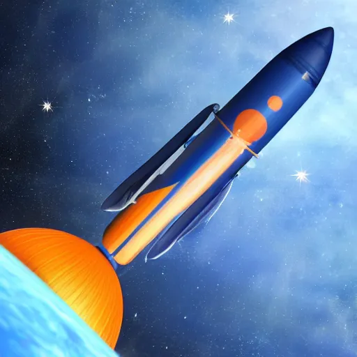 Image similar to Blue Ariane rocket with orange planet in background in space, photorealistic