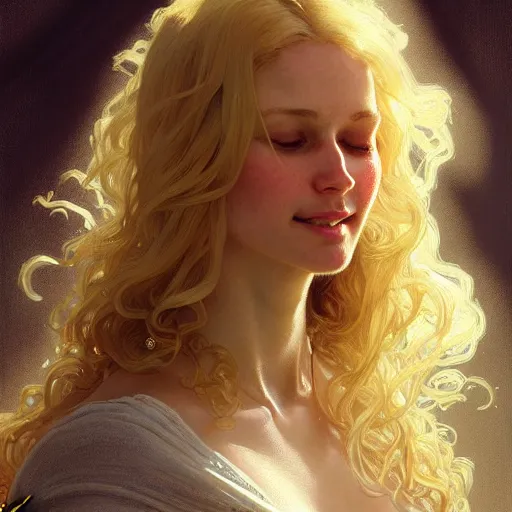 Image similar to A pregnant blond woman with closed eyes smiling, very detailed face, long fluffy curly blond hair, light blond hair, gorgeous, beautiful, intricate, highly detailed, digital painting, artstation, concept art, sharp focus, illustration, art by greg rutkowski and alphonse mucha