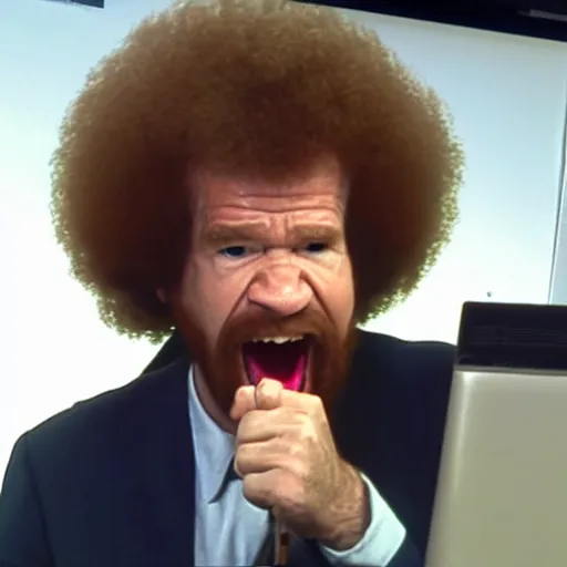 Image similar to angry bob ross screaming at laptop