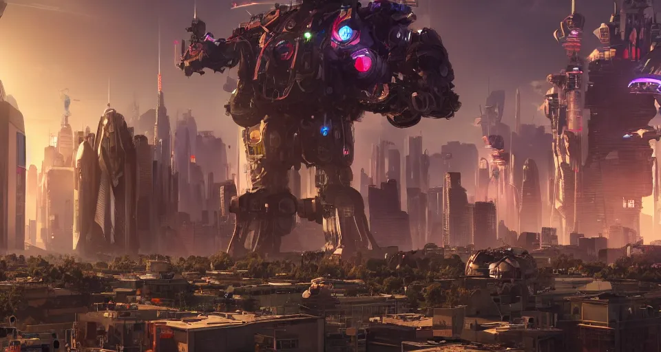 Image similar to a photo of an enormous mech towering over a crowd of astronauts in a futuristic city in the background, ultra realistic, hyper - detailed, unreal engine, raytraced lighting, colorful accents