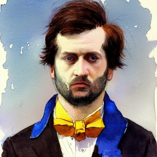 Prompt: Portrait of a handsome man with mutton chops. wearing a suit. colorful necktie, pale white face, long messy hair, ((red)) baggy eyes, tired face, watercolor, brushstrokes, high detail, artstation, background yellow and blue, medium detail, by Ilya Repin