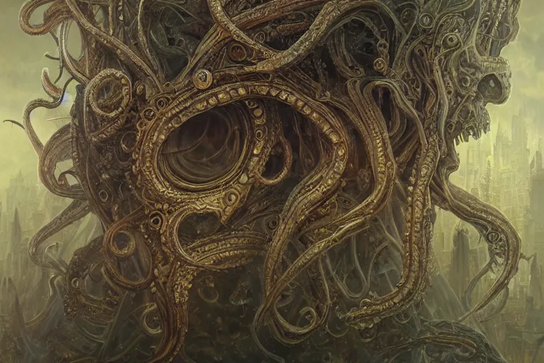 Image similar to a lovecraftian painting of cthulhu face of cosmic horror, cosmic horror elements, ultra realistic, concept art, intricate details, eerie, highly detailed, photorealistic, octane render, 8 k, unreal engine. art by artgerm and greg rutkowski and alphonse mucha