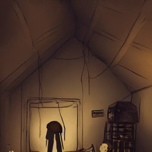 Prompt: dark attic with the man with a doll head, dark ,night, artstation