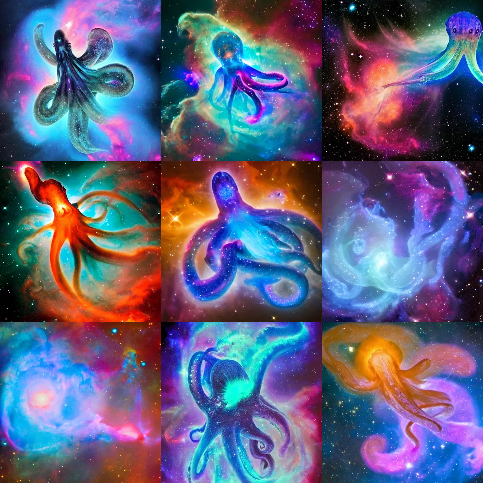 Prompt: a giant glowing blue octopus is swimming through the beautiful nebula in space.