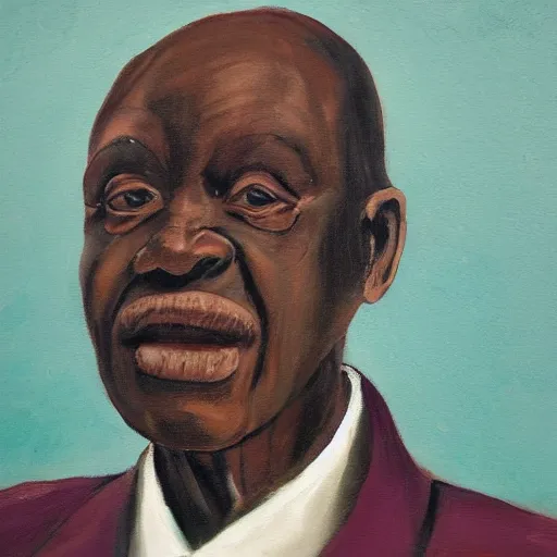 Image similar to a painting of a fatherly, aquiline nose, wide forehead, round face, XXL , loving, caring, generous, ever-present, humble, wise elder from Kenya with a friendly expression in a suit by Lynette Yiadom-Boakye . Fatherly/daddy, focused, loving, leader, relaxed,. ethereal lights, details, smooth, sharp focus, illustration, realistic, cinematic, artstation, award winning, rgb , unreal engine, octane render, cinematic light, macro, depth of field, blur, red light and clouds from the back, highly detailed epic cinematic concept art CG render made in Maya, Blender and Photoshop, octane render, excellent composition, dynamic dramatic cinematic lighting, aesthetic, very inspirational, arthouse.