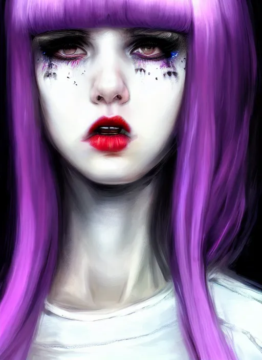 Image similar to portrait of white teenage girl, normal face, white bangs, mall goth, cyberlox, black and white hair, bangs, fluffy bangs, red contact lenses, purple lipstick, intricate, elegant, highly detailed, digital painting, artstation, concept art, sharp focus, smooth, illustration, art by wlop, mars ravelo and greg rutkowski