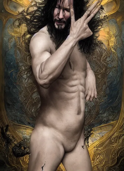 Image similar to keanu reeves as sandman, with fingers and hair turning into smoke, vertigo, shaved, pale skin!, fantasy, intricate, elegant, highly detailed, digital painting, artstation, concept art, wallpaper, smooth, sharp focus, illustration, art by artgerm and greg rutkowski and alphonse mucha