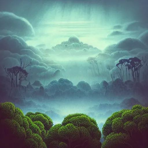 Image similar to epic view of a mountain range floating in the sky on a cloud, surreal landscape, Joe Fenton, broccoli trees, spinach forest, dusky, foggy lighting, realistic