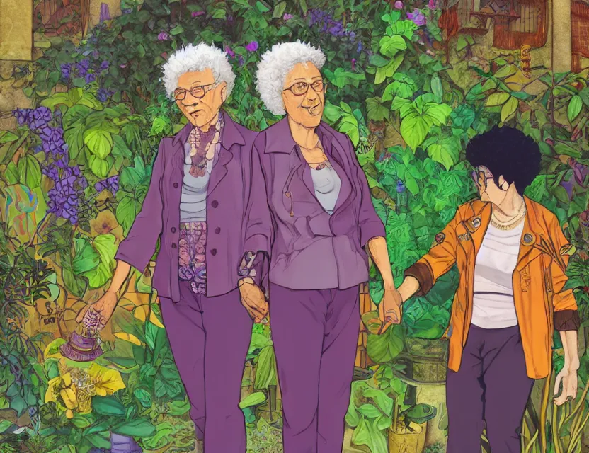 Image similar to elderly lesbian multiracial couple in steampunk vaporwave courtyard garden. complementary colors, gouache, indie concept art, bloom, chiaroscuro, backlighting, intricate details.