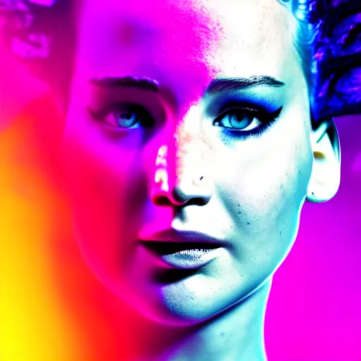 Image similar to jennifer lawrence as the bride of frankenstein, macro photography, glowing retinas, vaporwave, fuscia cyan yellow white light