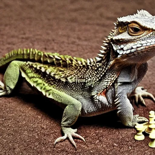 Image similar to a Bearded dragon playing chess, national geographic photo