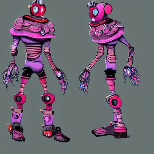 Image similar to official character sheets for a new robot jester biomech suit, digital screen robot face, wearing an oversized sweater, covered in coral, art by tim schafer black velvetopia art for psychonauts from double fine studios, art by splatoon from nintendo, black light rave, bright neon colors, apocalypse