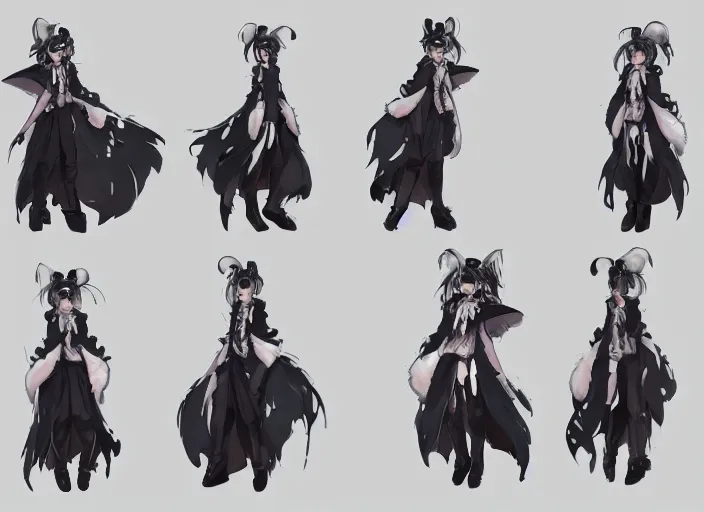 Prompt: character sheet for a beautiful and cute girl with a long white fur coat for genshin impact by greg rutkowski, black to light white fade hair, genshin impact style, ghibli, fashion design, overwatch style, sorcerer magic witch, digital art, trending on artstation, hd, 8 k, highly detailed, good lighting, beautiful, masterpiece