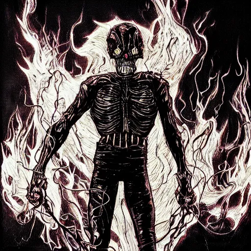 Prompt: demonic cyberpunk ghost rider swinging a barbed wire whip, extremely detailed concept art, terrifying masterpiece, maximalist, neo-expressionist, full body portrait, black background, lots of flames, horror, by Frank Miller, by Bernie Wrightson, by Giger, by Julie Taymor