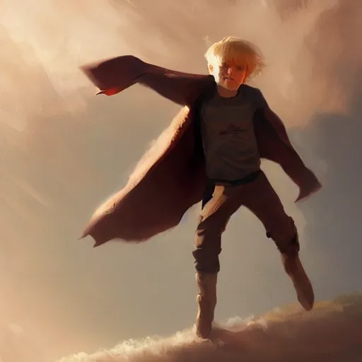 Image similar to blonde boy wearing a brown cape and flying in t pose, closeup, powerful, space background, oil painting, brush strokes, greg rutkowski