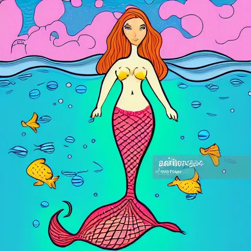 Image similar to A mermaid in the sea, professional cartoon drawing, digital vector art.