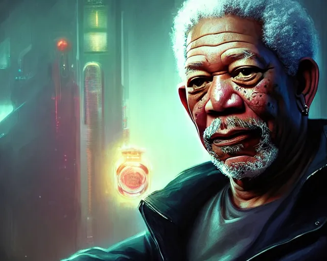 Prompt: morgan freeman with cyberpunk implants, deep focus, d & d, fantasy, intricate, elegant, highly detailed, digital painting, artstation, concept art, matte, sharp focus, illustration, hearthstone, art by artgerm and greg rutkowski and alphonse mucha