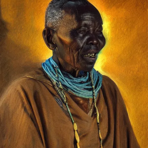 Image similar to a painting of a wise elder from Kenya by Henry Ossawa Tanner . dramatic angle, ethereal lights, details, smooth, sharp focus, illustration, realistic, cinematic, artstation, award winning, rgb , unreal engine, octane render, cinematic light, macro, depth of field, blur, red light and clouds from the back, highly detailed epic cinematic concept art CG render made in Maya, Blender and Photoshop, octane render, excellent composition, dynamic dramatic cinematic lighting, aesthetic, very inspirational, arthouse.