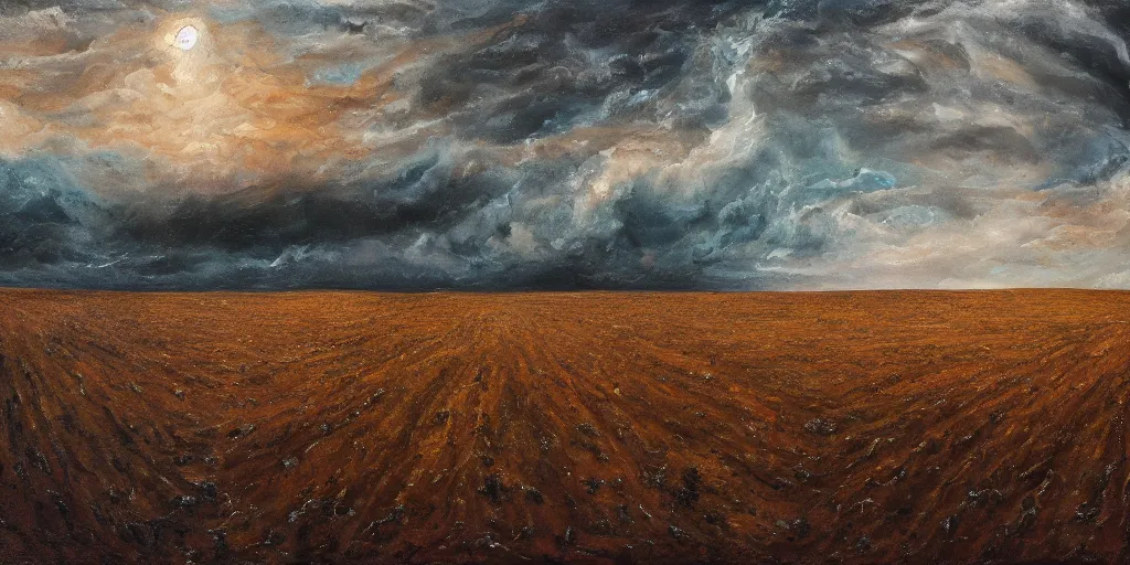 Prompt: the corpse of God lies in the fields, with humanity standing victorious, oil painting 4k, sharp brushstrokes