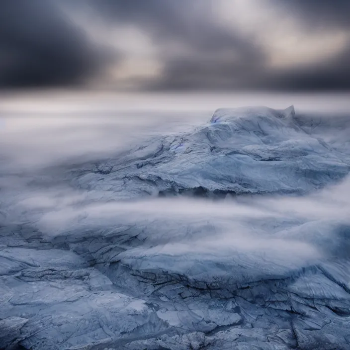 Image similar to award winning photo of glacier floating in the sky surrounded by clouds and mist,