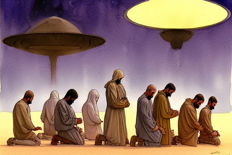 Image similar to a hyperrealist watercolour character concept art portrait of a group of middle eastern men kneeling down in prayer in front of a giant angel on a misty night in the desert. a ufo is in the background. by rebecca guay, michael kaluta, charles vess and jean moebius giraud