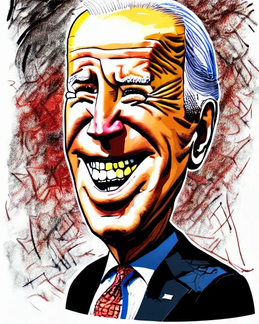 Image similar to an political caricature of joe biden, by gerald scarf and ralph steadman, illustration, ink drips, front angle, ink splatters, pen and ink, flat color, distorted features, spittle, drawing, facing front, anatomically correct, beautiful perfect face, sharp focus, highly detailed, cinematic lighting, 8 k, hd