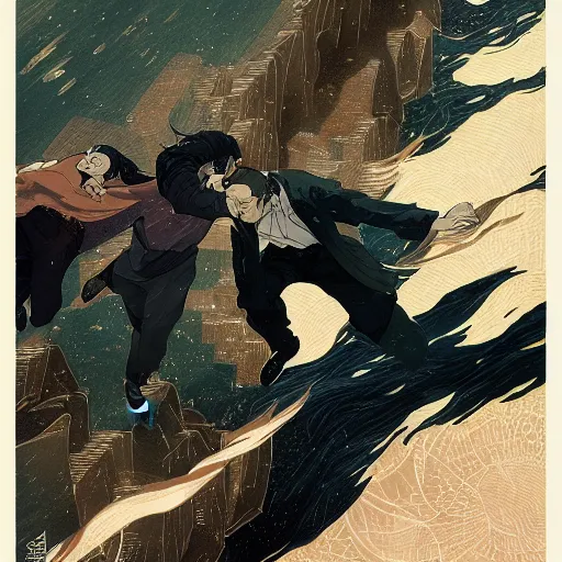 Prompt: a drawing of two men running frantically together, a poster by victo ngai and krenz cushart, pixiv contest winner, art nouveau, official art, wiccan. detailed. beautiful.