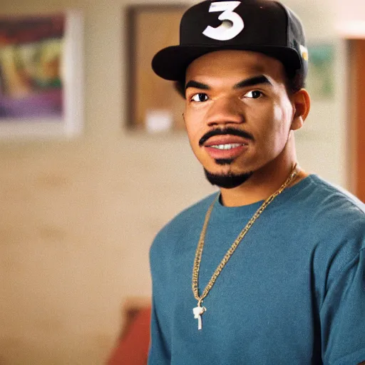 Prompt: a tv still of Chance The Rapper starring as a college student in a 1998 black sitcom, 40mm lens