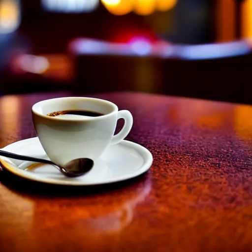 Image similar to realistic detailed photo of a steaming cup of coffee on a saucer with a flaky pastry on the side and a coffee spoon next to it on the table in a hotel lobby, liminal, hdr, volumetric lighting, dim light, diffuse light, depth of field