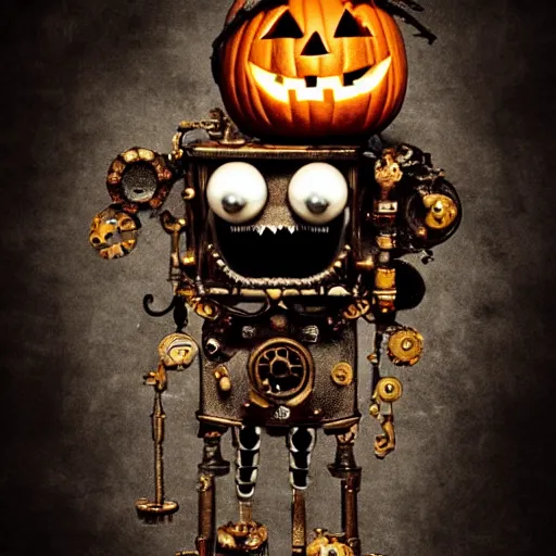 Image similar to tiny and cute halloween monster with intricate details created with pumpkin and steampunk, screws and bolts, a cog and a pearl, lit up, cinematic, 3d occlusion, isolated on white background