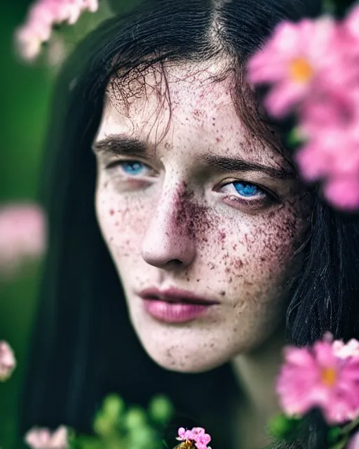 Prompt: !dream Close-up portrait of a woman, close-up, high sharpness, zeiss lens, fashion photo shoot, flowers, black hair, freckles, Annie Leibovitz and Steve McCurry, David Lazar, Jimmy Nelsson, artistic, hyper-realistic, beautiful face, octane rendering