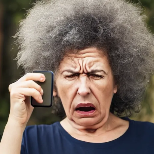 Image similar to astonished middle aged lady looking at smartphone angrily, wild hair, greek ethnicity, straight grey hair, angry eyes,