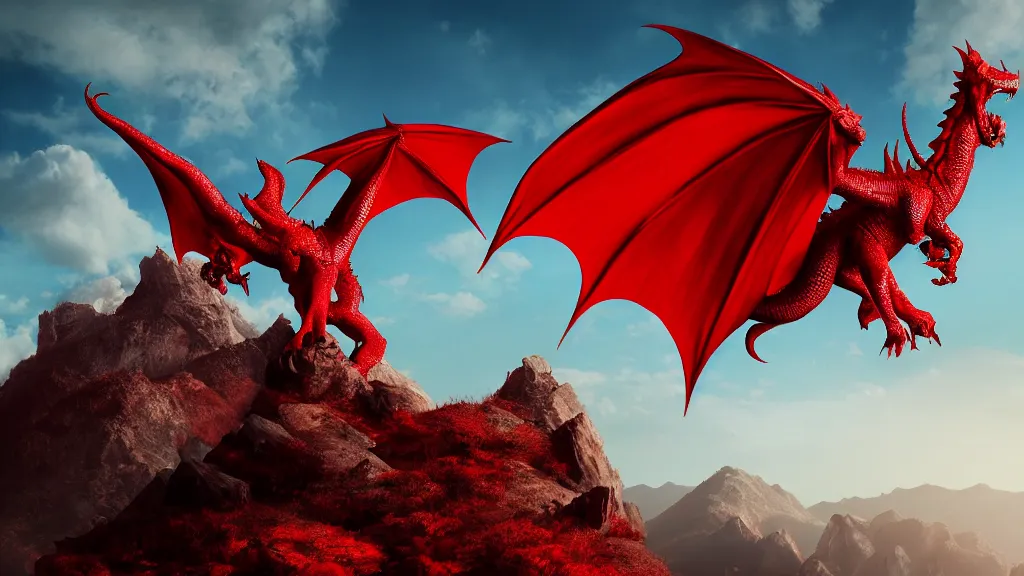 Prompt: huge red dragon sitting on a mountain , shallow depth of field, 35 mm, cinematic lighting, trending on artstation,