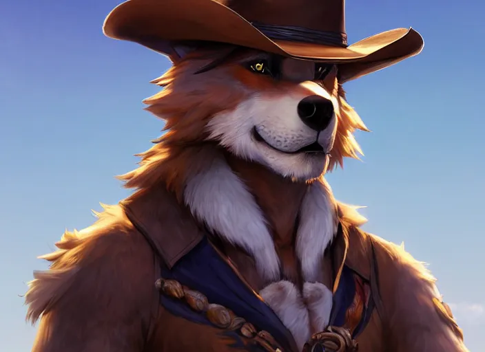 Image similar to character portrait feature of the anthro male anthropomorphic wolf fursona wearing cowboy outfit wild west desperado character design stylized by charlie bowater, ross tran, artgerm, and makoto shinkai, detailed, soft lighting, rendered in octane