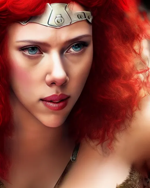 Prompt: scarlett johansson portraying a beautiful red sonja, beautiful scarlett johansson red sonja, movie, hyper realistic, hollywood promotional image, imax, 8 k